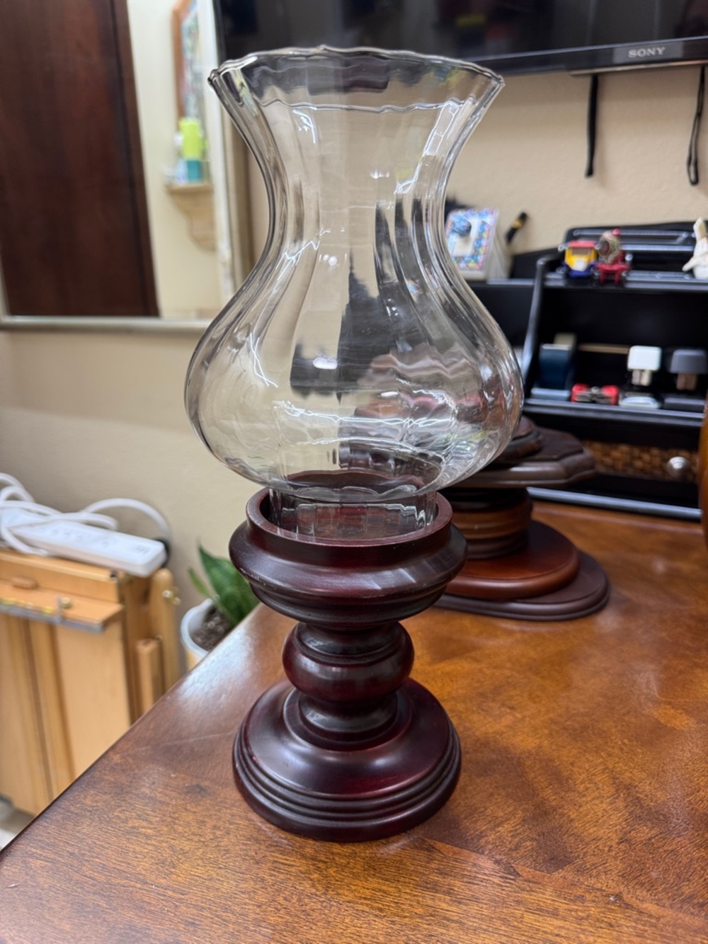Hurricane Lamp Candle Holder, Wood Base Optic Globe, Floral Lamp, Vintage